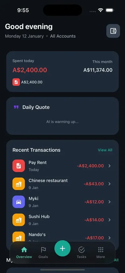 HeyJerni iOS expense tracker app dashboard showing daily spending categories and AI insights