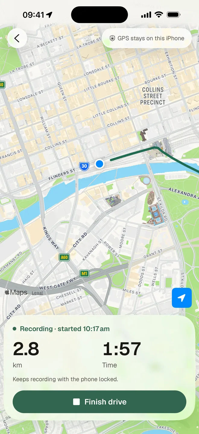 HeyJerni recording a work drive, with the route drawn on a map of Melbourne and the running claim