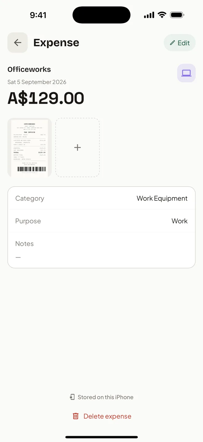 A saved HeyJerni expense showing the amount, the attached receipt photo, the category and the work purpose