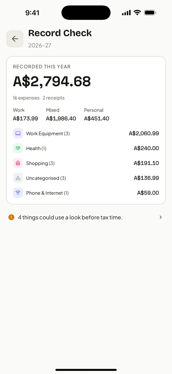 HeyJerni Record Check screen showing the 2026 to 2027 financial year total split into work, mixed and personal spending