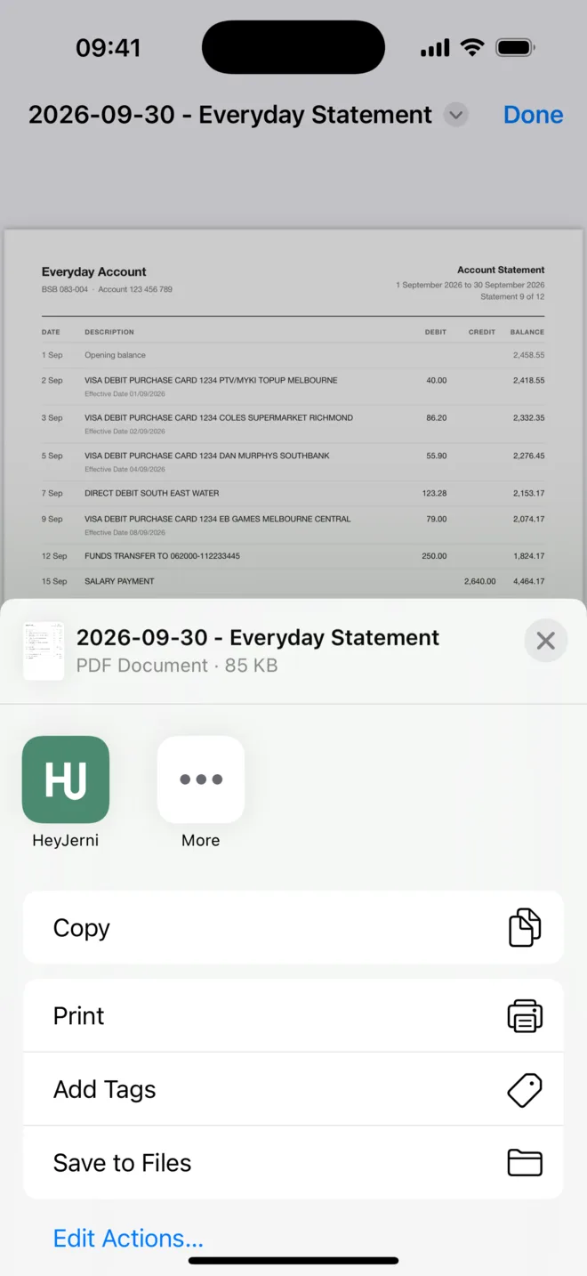 iOS 分享表單顯示一份 PDF 月結單,HeyJerni 就在那一行 App 圖示裡面