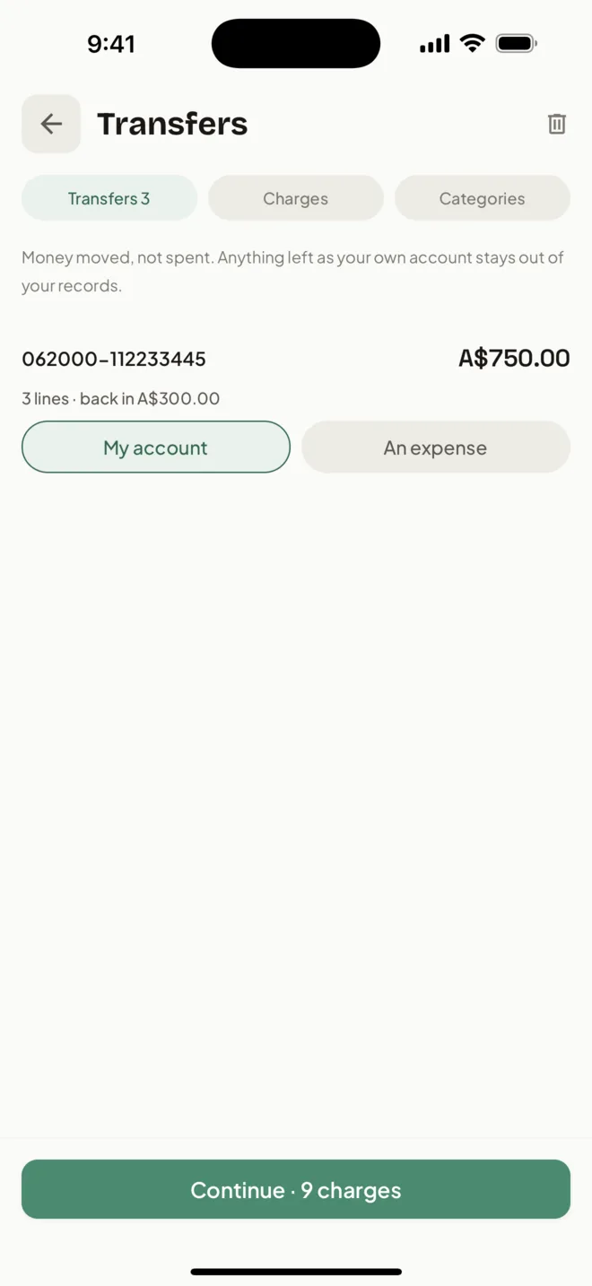 HeyJerni 月結單匯入的轉帳步驟,詢問某個戶口是你自己的還是一筆開支