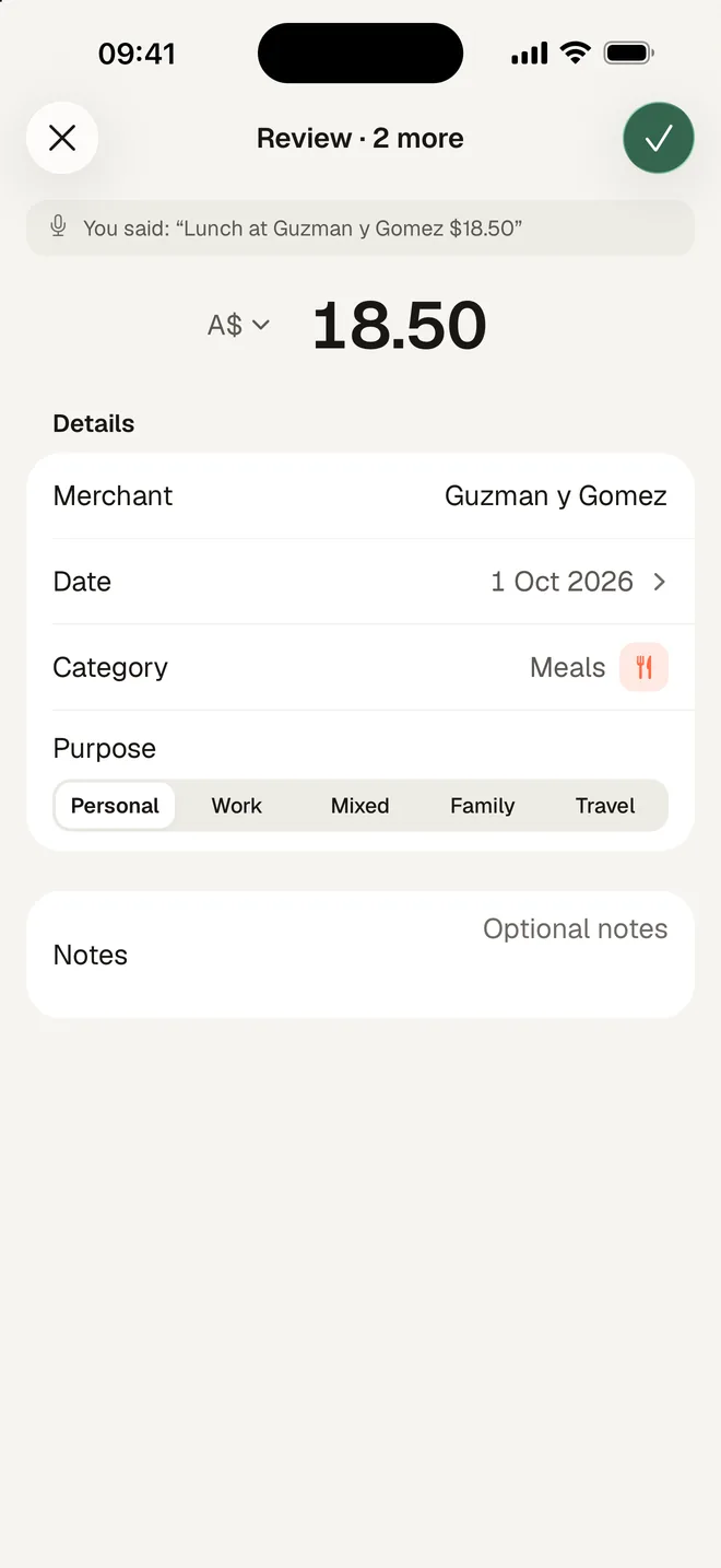 HeyJerni voice review: an expense heard from a spoken sentence, with two more waiting to check