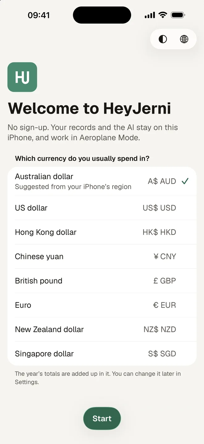 HeyJerni welcome screen: no sign-up, records and AI stay on the iPhone, and a choice of currency