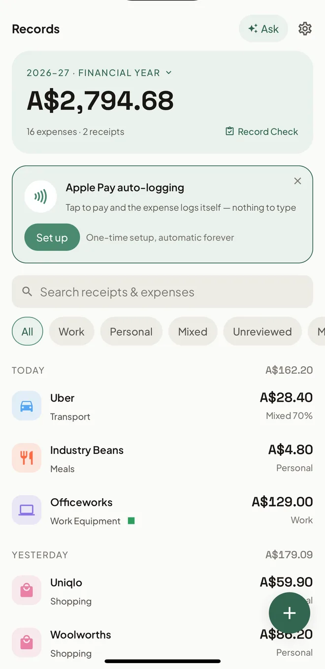 HeyJerni home screen showing an Apple Pay purchase logged automatically with its merchant and amount